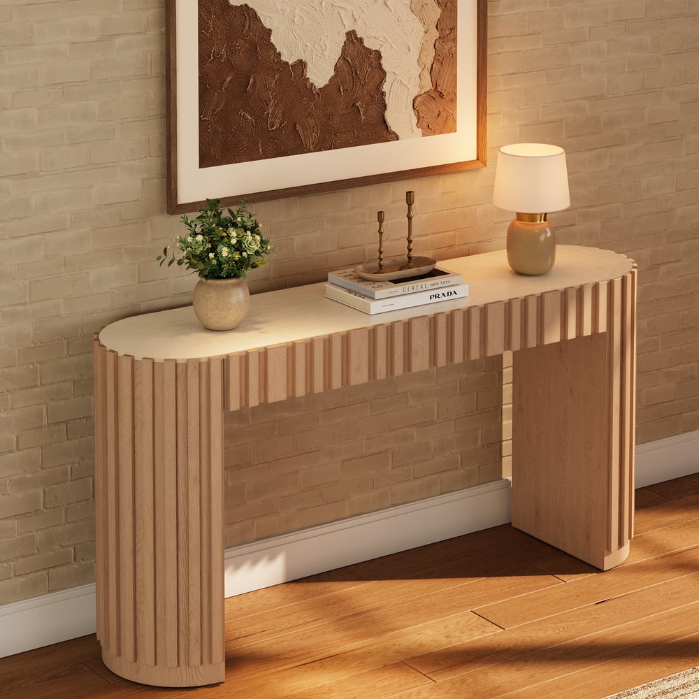 Aura 60" Ash Wood Fluted Natural Console Table With Sintered Stone Top window image