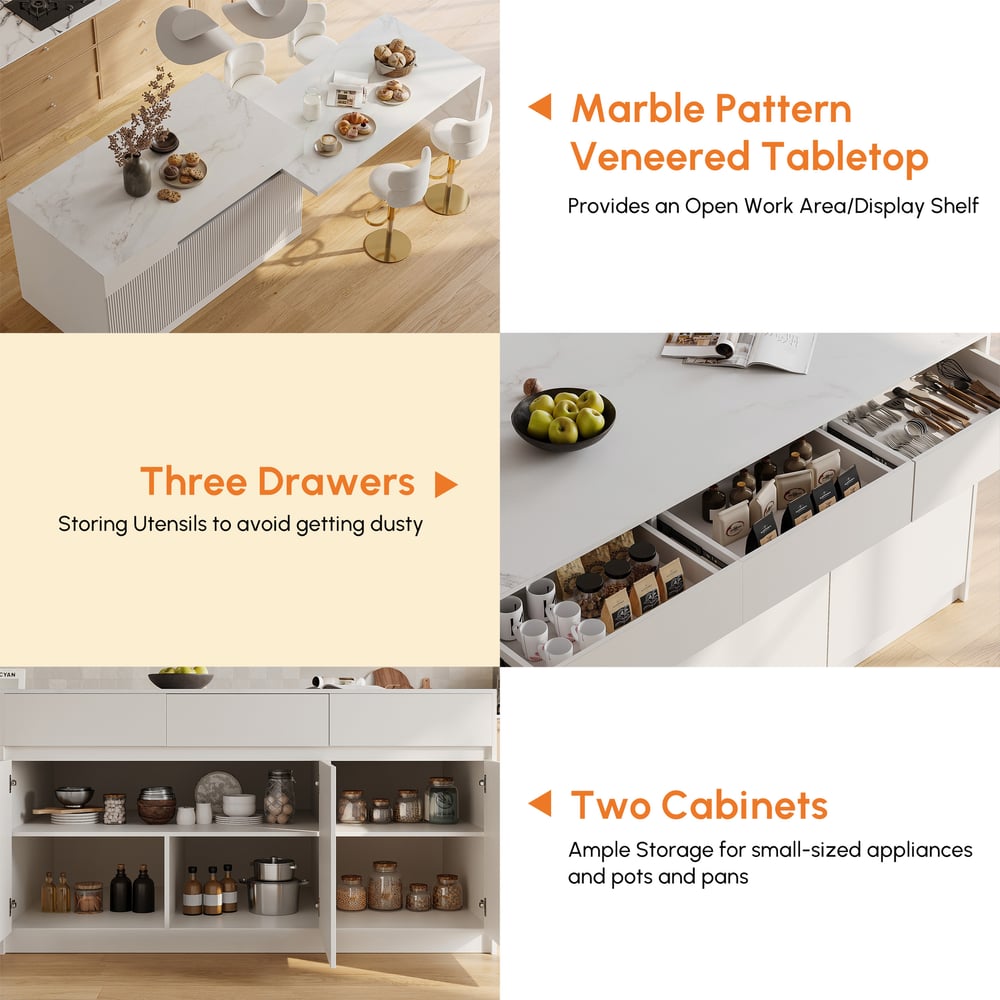 Modern 81"-112" Marble Pattern Kitchen Island with Doors & Drawers, White window image