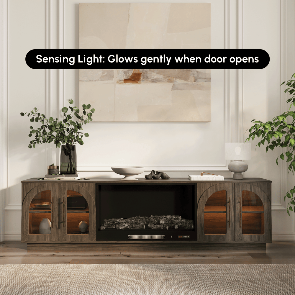 Arune 80" Arched Glass Doors Electric Fireplace TV Stand with Remote Control window image