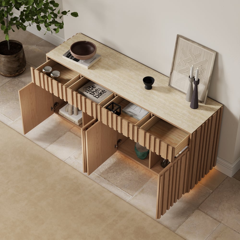 Aura 65" Ash Wood Slatted Natural TV Stand with Sintered Stone Top window image
