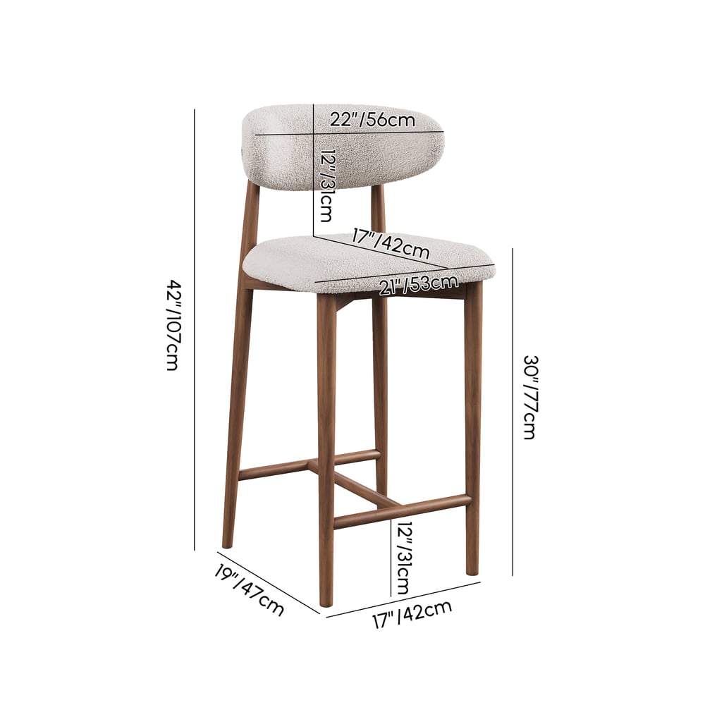Modern Walnut Boucle Bar Stool with Wooden Legs, 1 Piece weights dimensions image