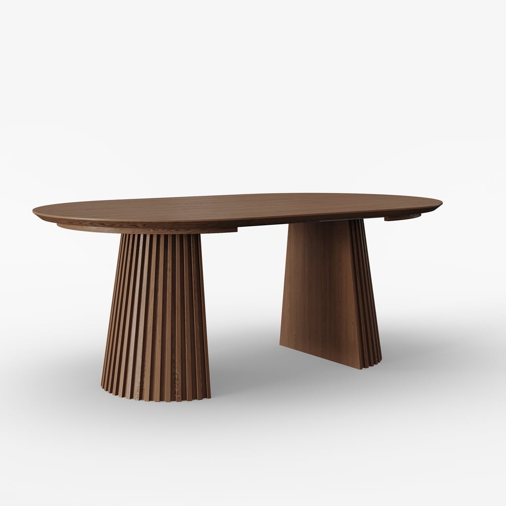 Modern 47"-79" Extendable Walnut Wood Dining Table with Fluted Base, Seats 4-6 window image
