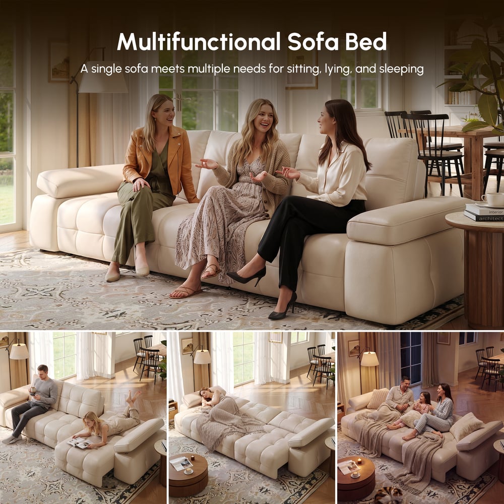 130" 3-Seater Genuine Leather Power Convertible Sleeper Sofa with Adjustable Armrests window image