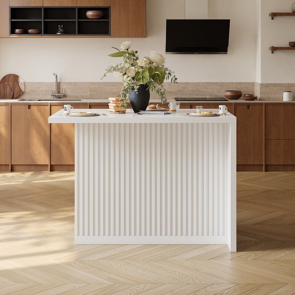 Îlot de cuisine moderne de 50 pouces en placage de marbre avec grand espace de rangement, blanc image de fenêtre