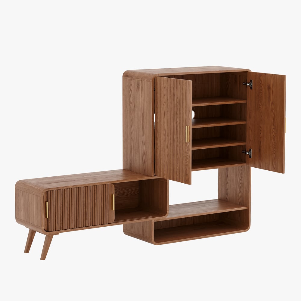 37" Ash Wood Veneer Fluted Shoe Storage Entryway Cabinet, Left Hand window image