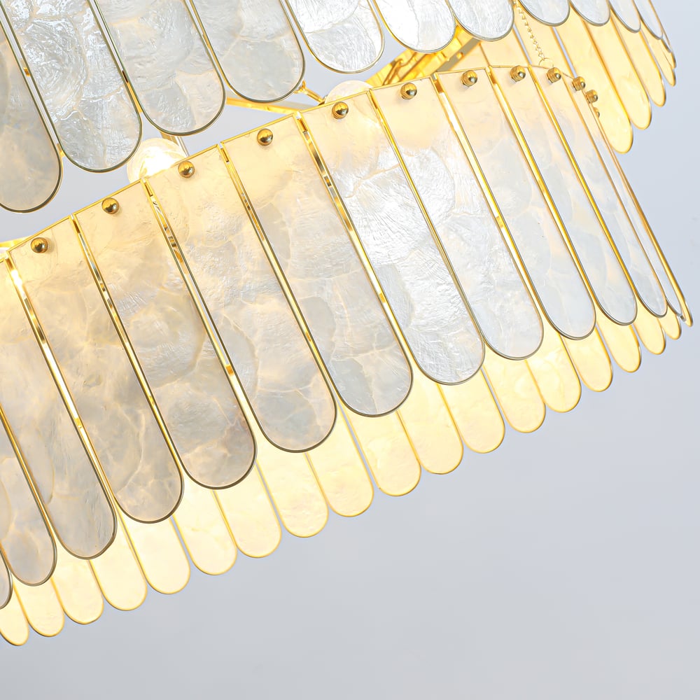Enseo Coastal 8-Light Capiz Shell 2 Tiered Faceted Chandelier Pendant Light Gold White window image