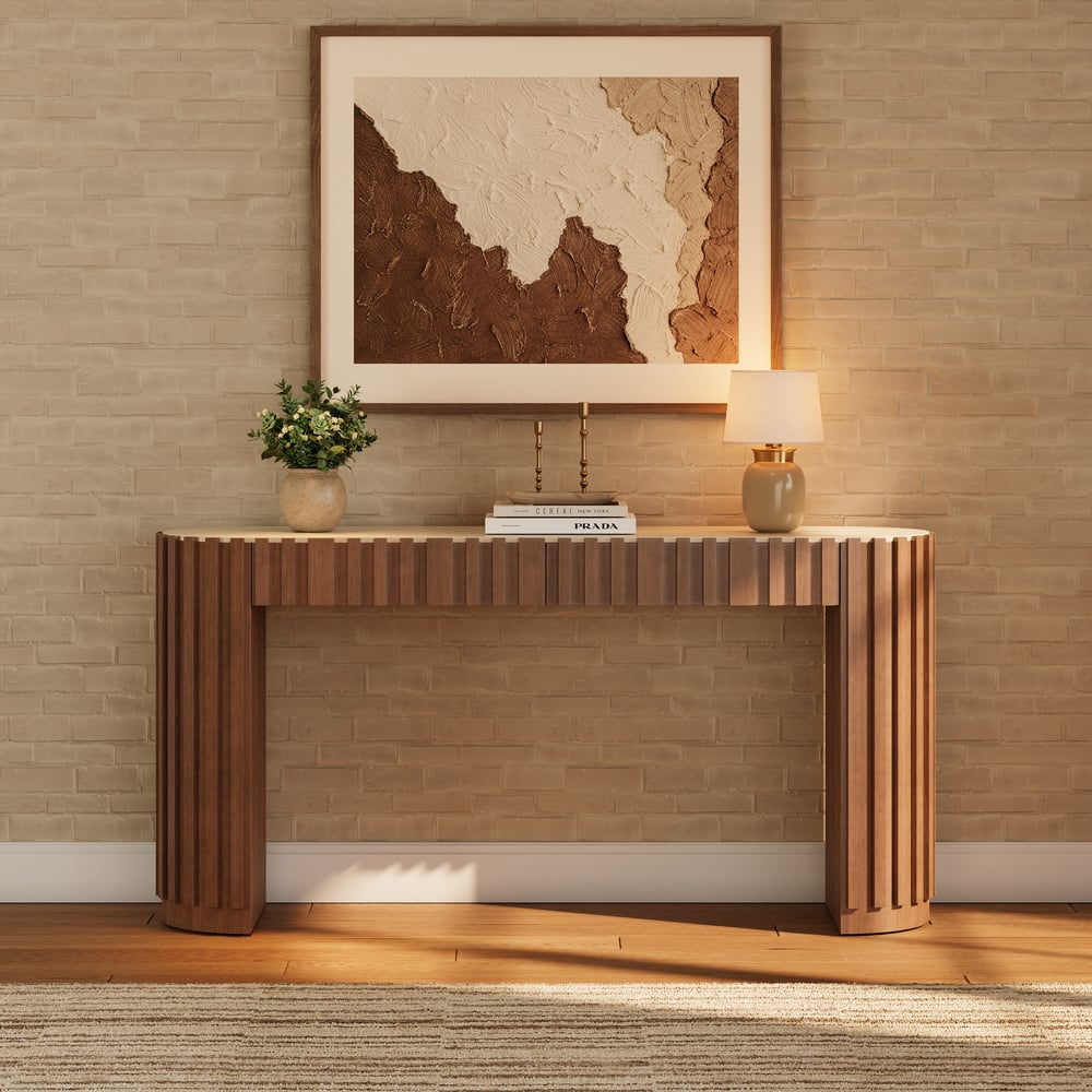 Aura 60" Ash Wood Fluted Walnut Console Table With SIntered Stone Top window image