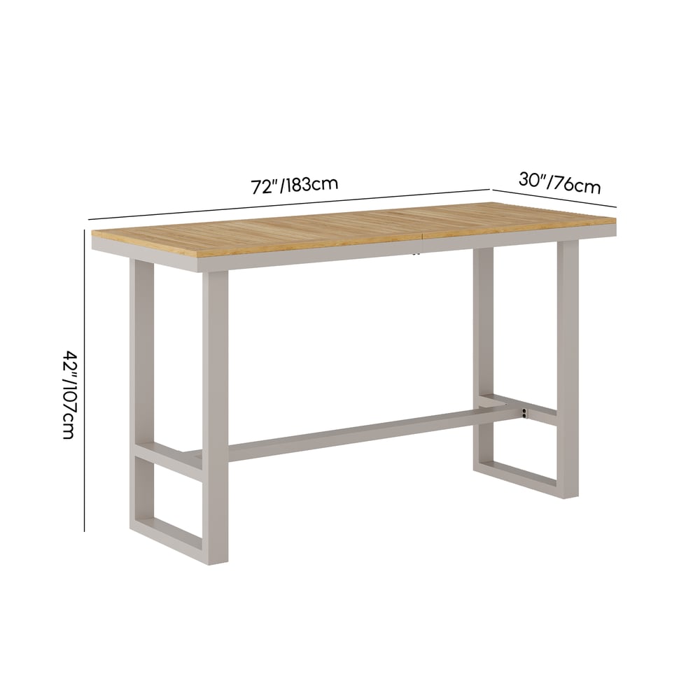 Tavolo da bar Tevara per esterni con piano a doghe in legno di teak e struttura in alluminio color sabbia per patio Immagine con pesi e dimensioni