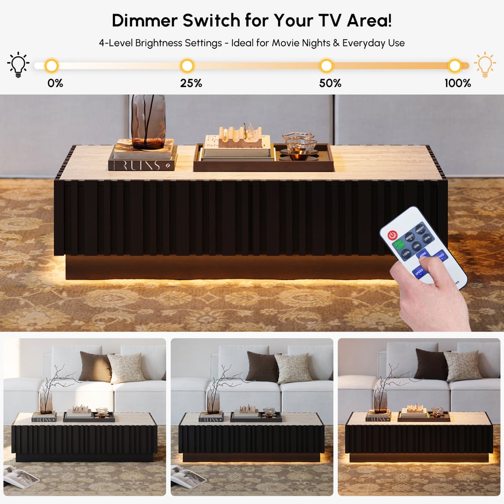 Table basse à lattes Aura 47" en bois de frêne avec plateau en pierre frittée image de fenêtre