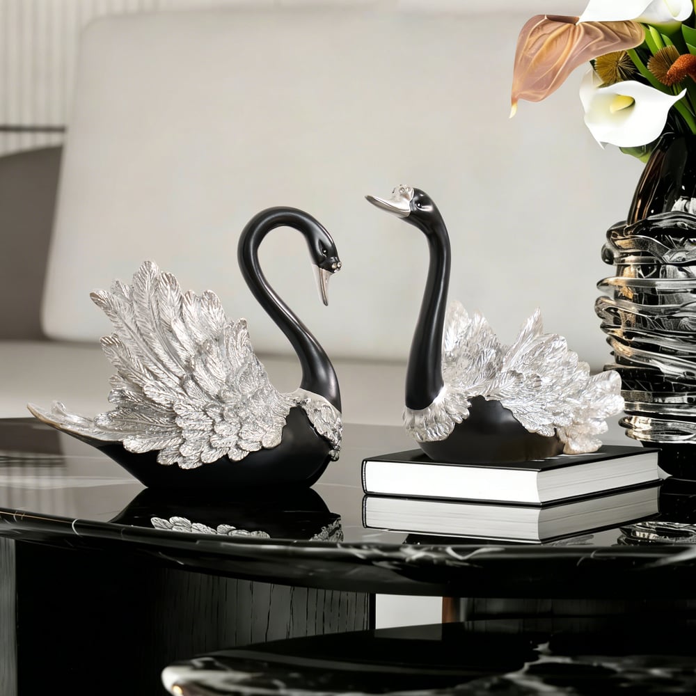 2-Piece Resin Swan Figurines – Elegant Black & Silver Swan Decorative Storage Set window image
