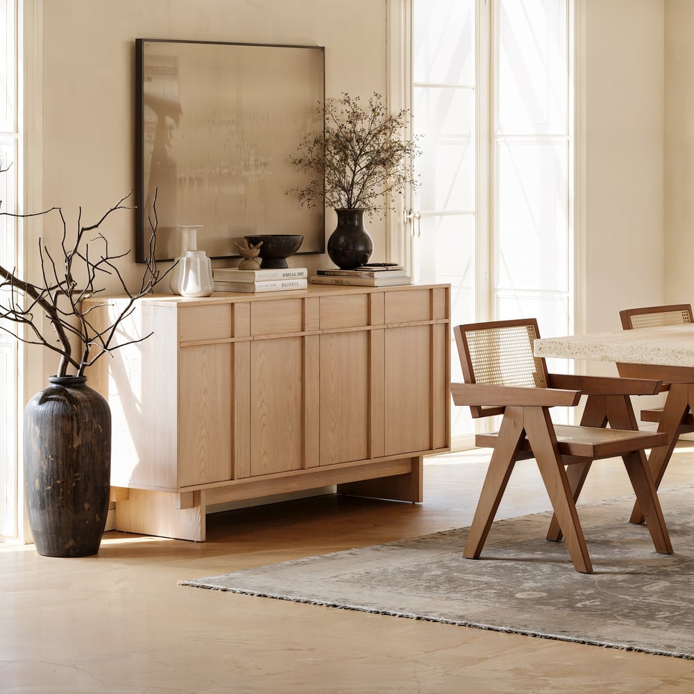 Mid Century Modern 60" Natural Wood Sideboard with Storage & Adjustable Shelves window image