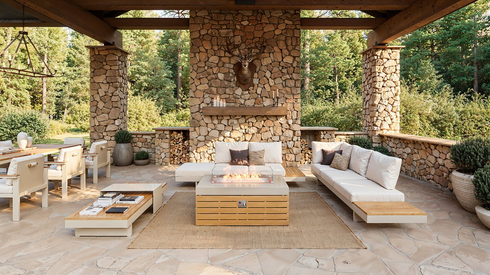 Ensemble de canapé d'extérieur modulaire en teck 5 pièces Tevara 119 cm avec foyer sans fumée pour 6 personnes image de fenêtre