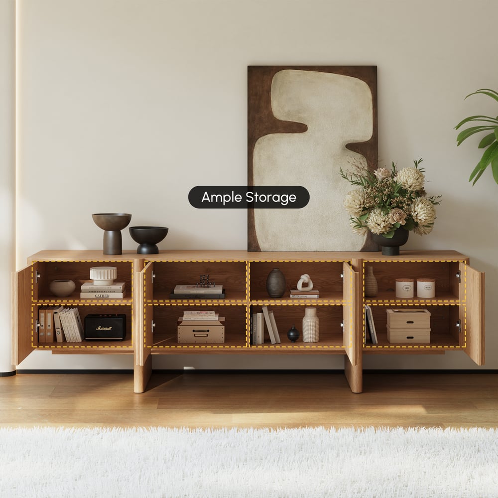 80" Solid Wood Fluted Natural TV Stand with Cabinets window image