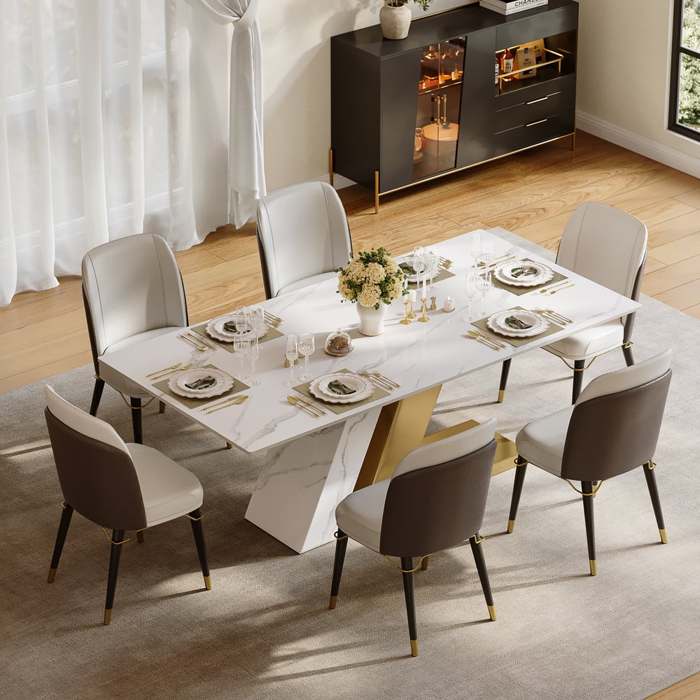 Dining Set 79" Modern Rectangle Sintered Stone Dining Table with 6 Chairs window image