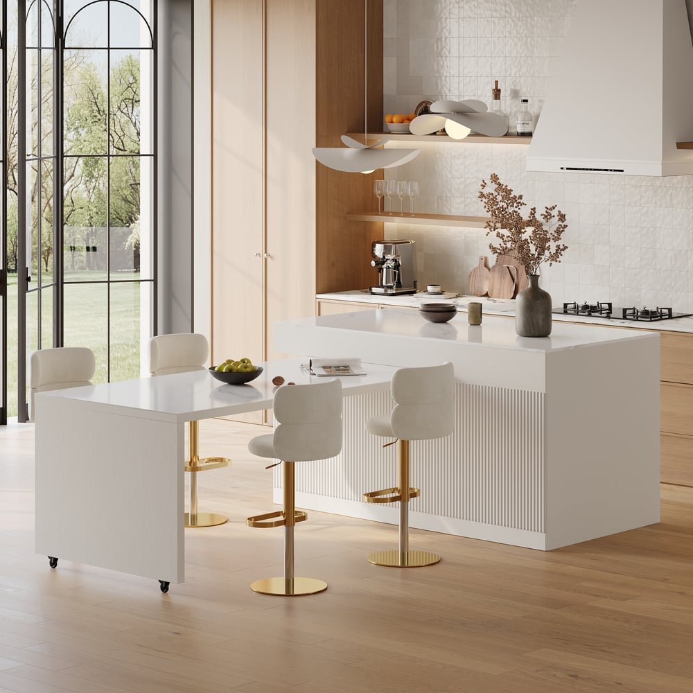 Îlot de cuisine moderne de 81" à 118" en pierre frittée avec tiroirs et portes, blanc image de fenêtre