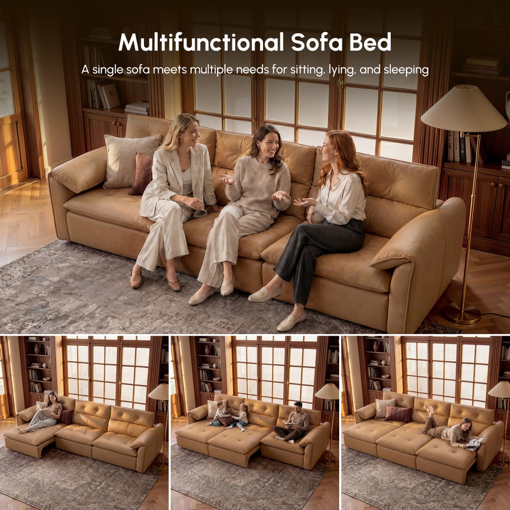 320 cm 3-Seater Genuine Leather Power Convertible Sleeper Sofa with Adjustable Headrests window image