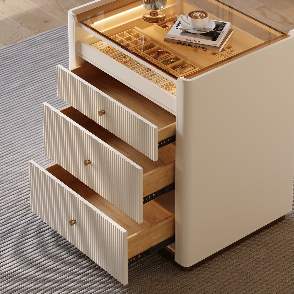 Modern 29.5" Fluted Leather Closet Island 7 Drawer Dresser with Light & Jewelry Storage window image