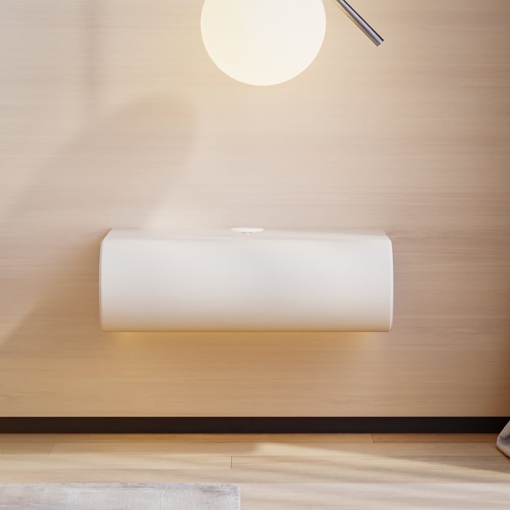 Table de chevet intelligente à LED 1 tiroir en cuir flottant Humply avec plateau en pierre frittée image de fenêtre