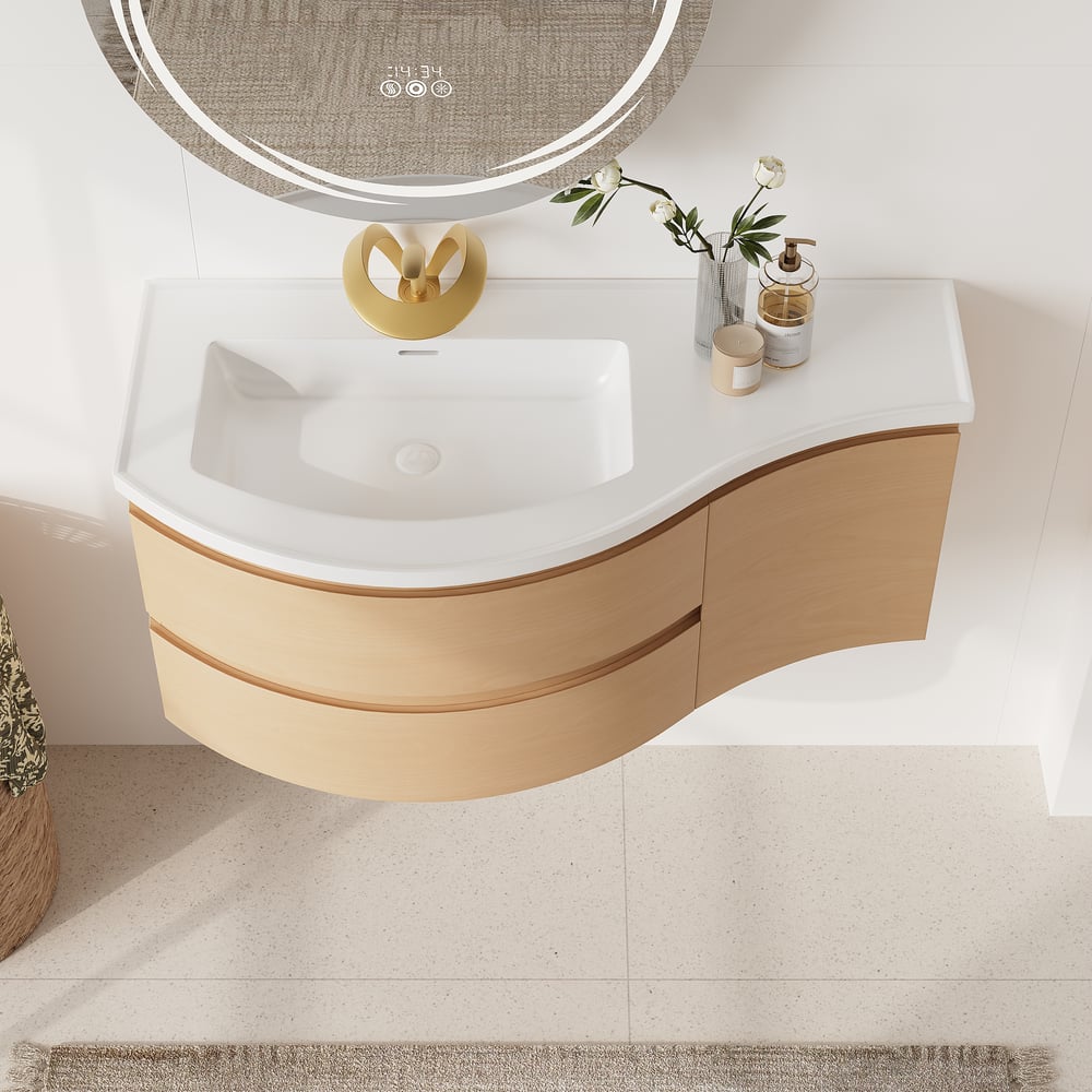 Floating Curved Bathroom Vanity & Round LED Medicine Cabinet Set Left Offset window image