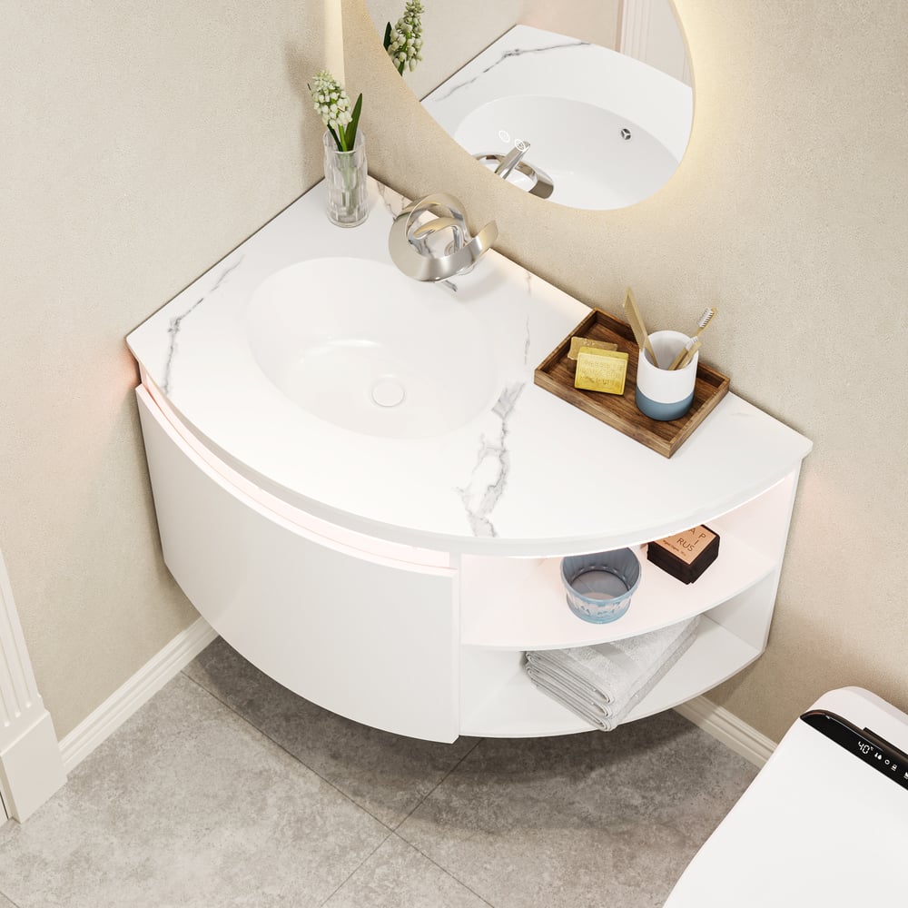 Meuble de salle de bain d'angle de 36 pouces avec rangement et éclairage LED à capteur image de fenêtre