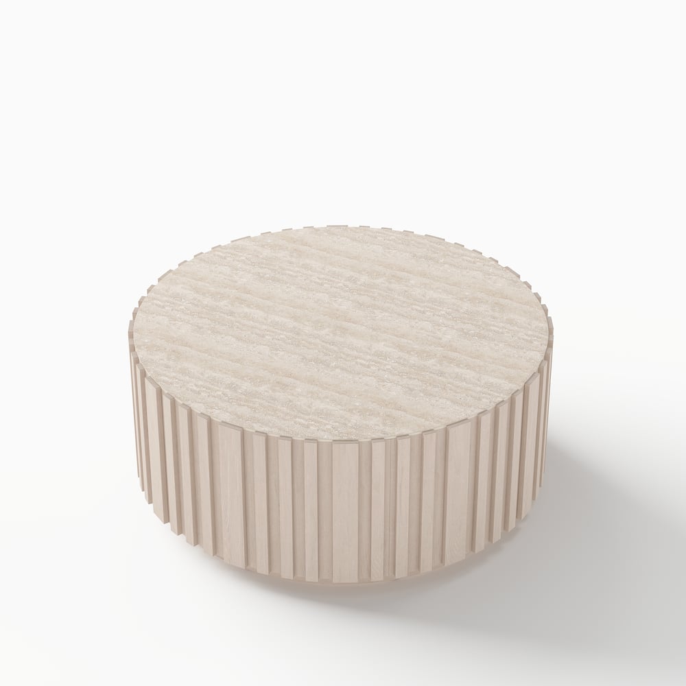Aura 35" Round Washed White Slatted Sintered Stone Coffee Table with 2 Drawers window image