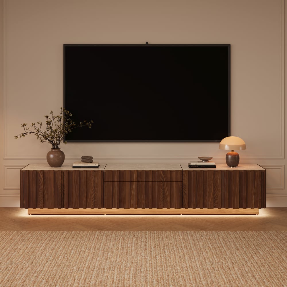 Aura 80" Ash Wood Fluted Walnut Projector TV Stand with Sintered Stone Top window image
