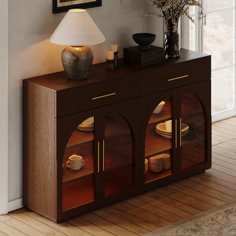 Arune 63" Walnut Wood Sideboard with Storage & LED Lights window image