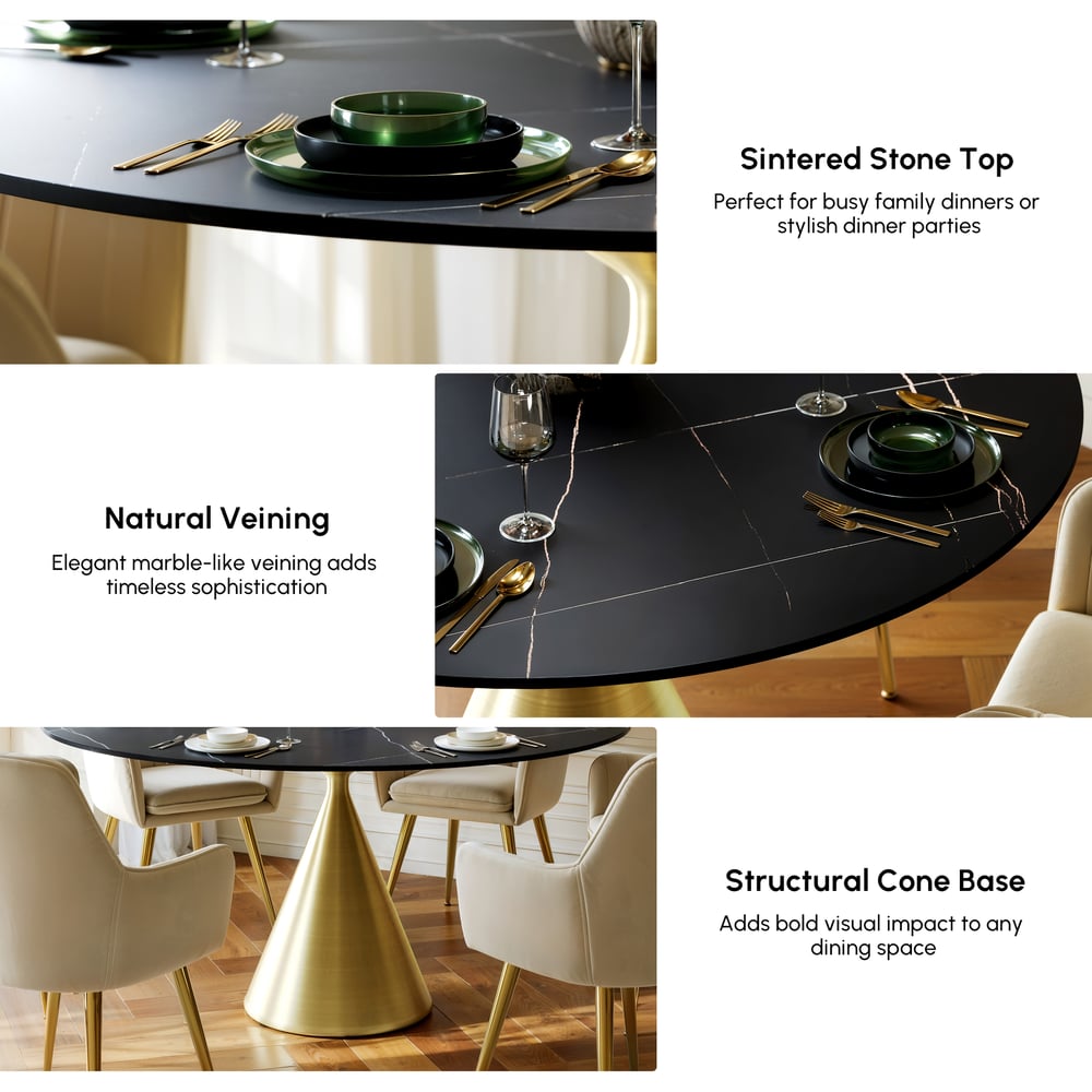 152cm Round Matte Sintered Stone Dining Table with Gold Metal Pedestal Base, Seats 6 window image