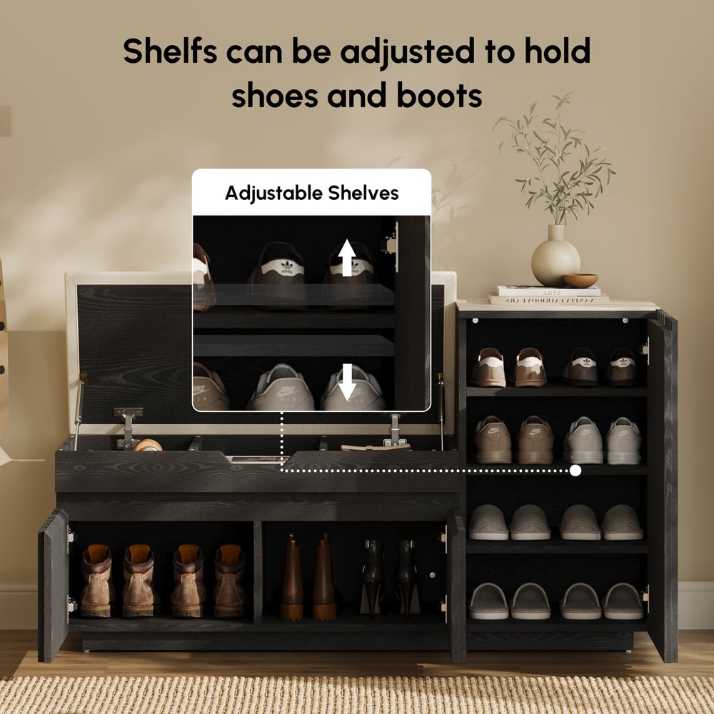 Aura 47” Wooden Shoe Storage Bench with Right-Side Cabinet for Entryway window image