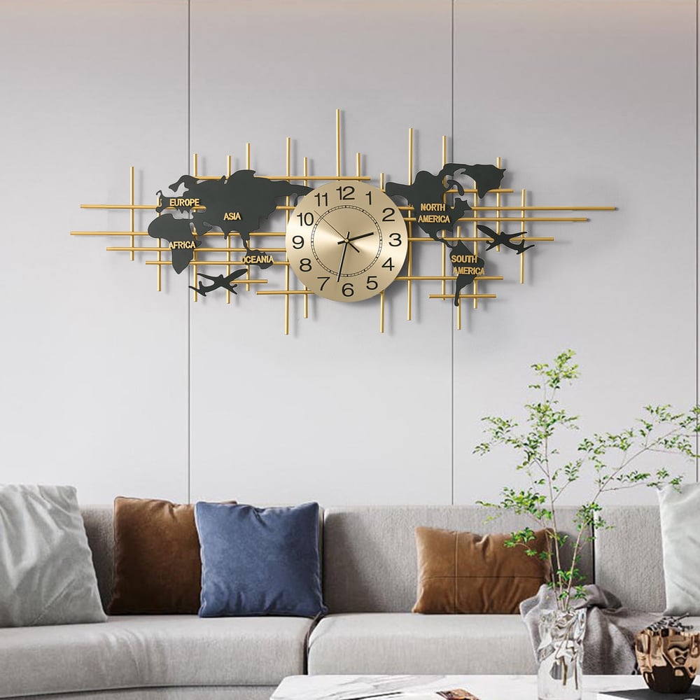 Reloj de Pared de Metal Grande de 116cm con Diseño de Mapa Decorativo Silencioso y Creativo para Sala de Estar Imagen de ventana