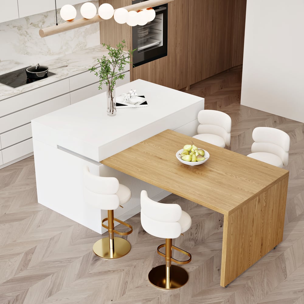 Îlot de cuisine extensible en bois de 81'' à 112'' avec rangement, Naturel et Blanc image de fenêtre