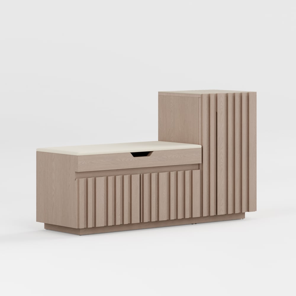 Banc de rangement pour chaussures en bois Aura 47 po avec armoire sur le côté droit pour l'entrée image de fenêtre