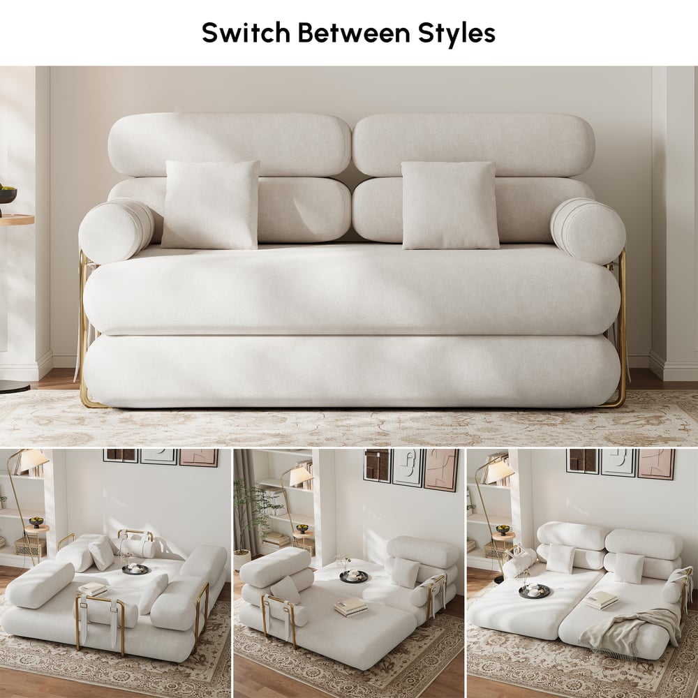 Sofá cama futón de terciopelo blanco tamaño queen de 67", sofá cama 4 en 1 Imagen de ventana