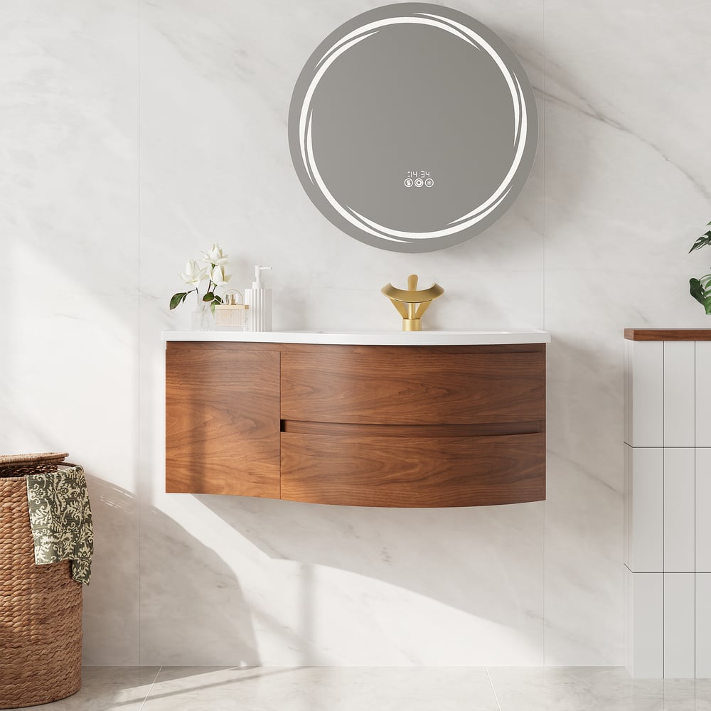 Floating Curved Bathroom Vanity & Round LED Medicine Cabinet Set Right Offset window image