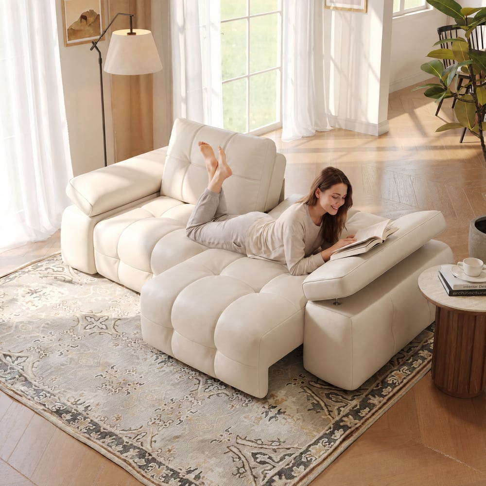 96" 2-Seater Genuine Leather Power Convertible Sleeper Sofa with Adjustable Armrests window image