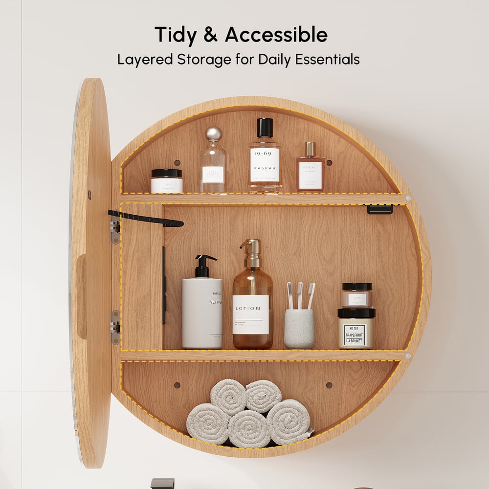 24" Round LED Natural Medicine Cabinet with Storage, Anti-Fog, Dimmable window image