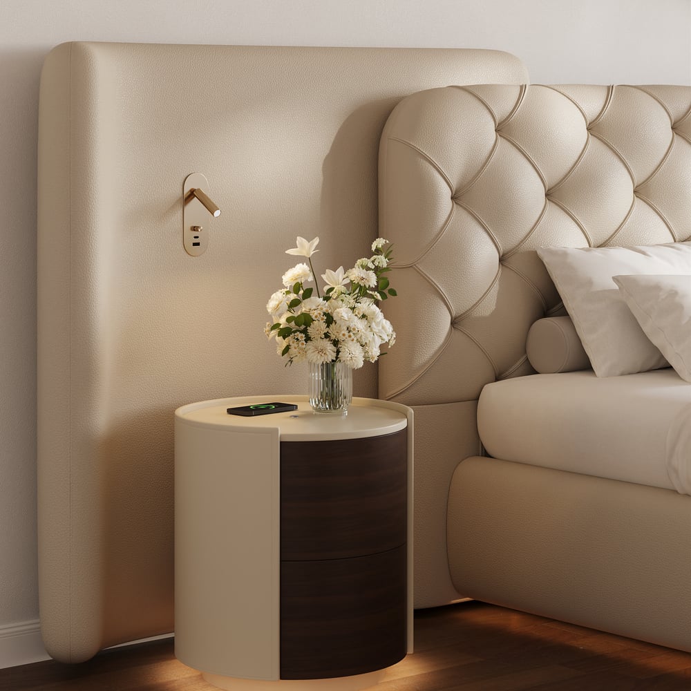 Modern King Genuine Leather Tufted Bed with Wide Charging Headboard & Light window image