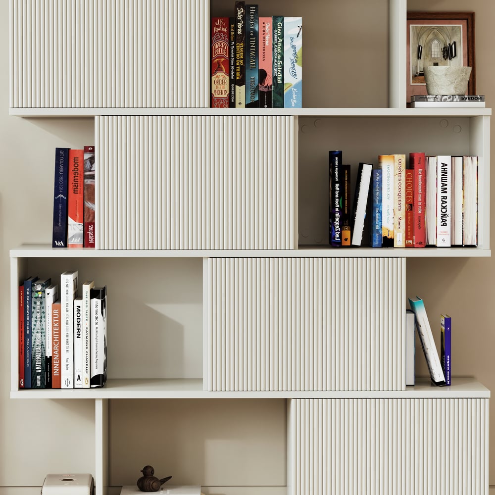 72.8" Warm White Sliding Door Etagere Bookshelf 5-Shelf Tall Book Shelf Rich Storage window image