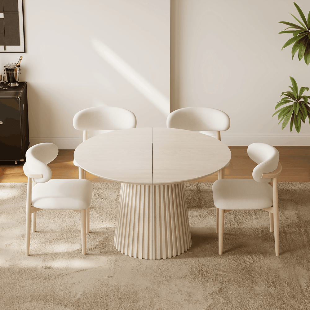 Modern 47"-79" Extendable Whitewash Wood Dining Table with Fluted Base, Seats 4-6 window image