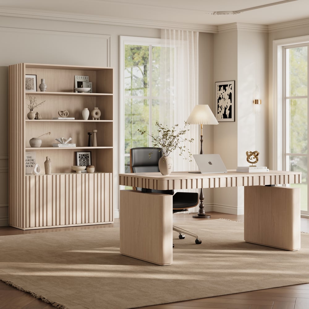 Aura 120cm Boekenkast van Essenhout met Gegroefde Details en Blad van Sintersteen Vensterafbeelding