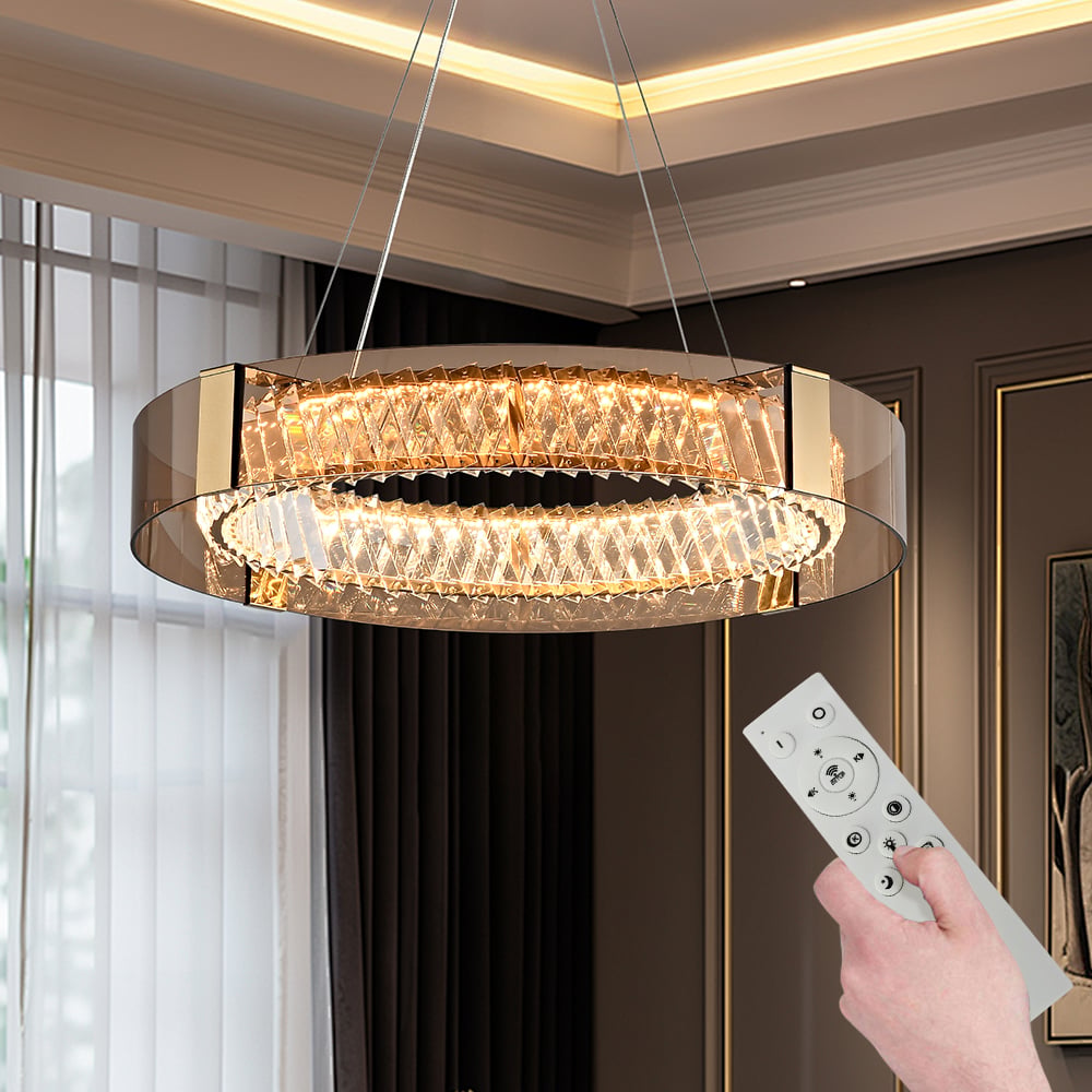 24" Crystal Dimmable Ceiling Lights 3 Modes LED Crystal Chandelier with Remote Control window image