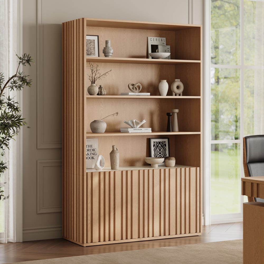 Aura 120cm Boekenkast van Essenhout met Gegroefde Details en Blad van Sintersteen Vensterafbeelding