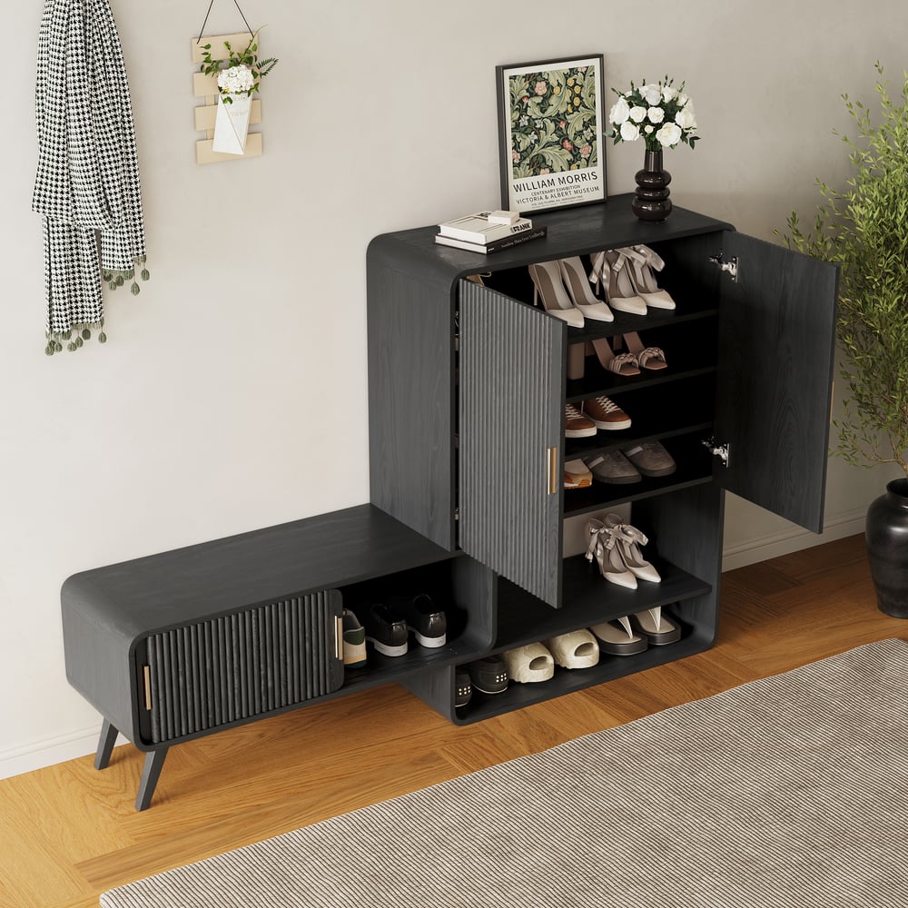 Meuble d'entrée cannelé en placage de bois de frêne de 37 pouces avec rangement pour chaussures, main gauche image de fenêtre