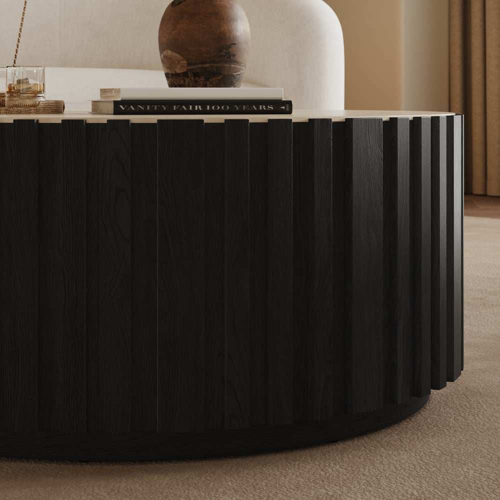 Aura 35" Round Black Slatted Sintered Stone Coffee Table with 2 Drawers window image