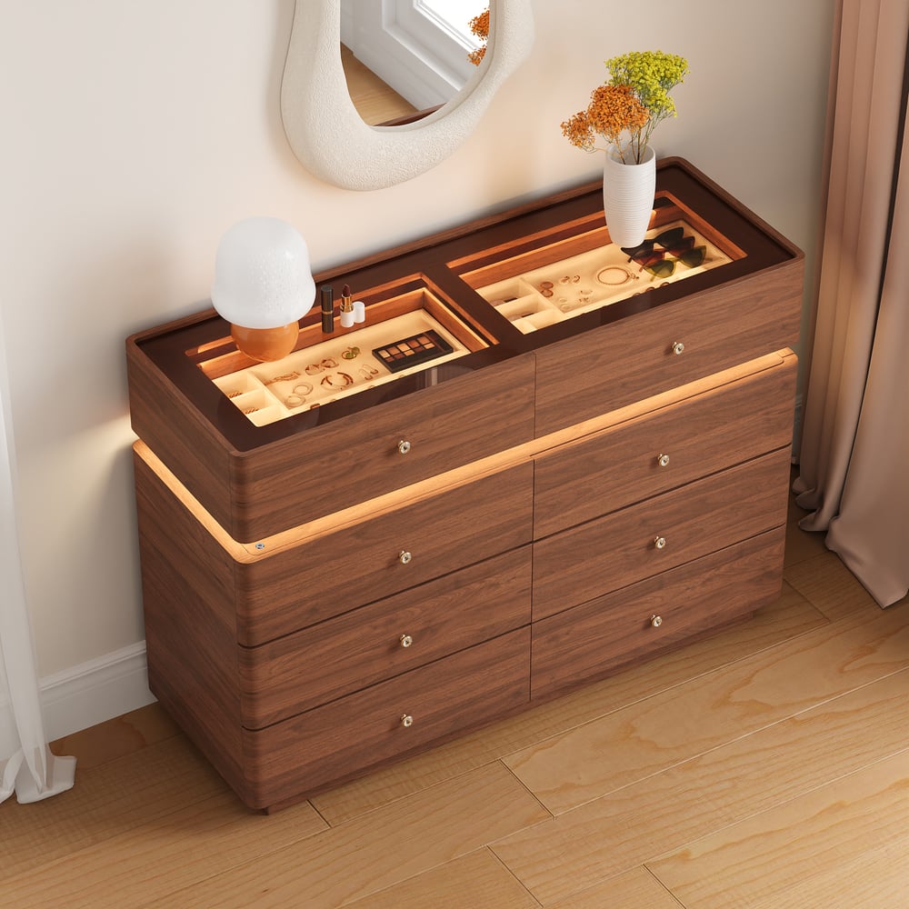 Modern 47" Tempered Glass Top 8-Drawer White Dresser with LED & Jewelry Trays window image