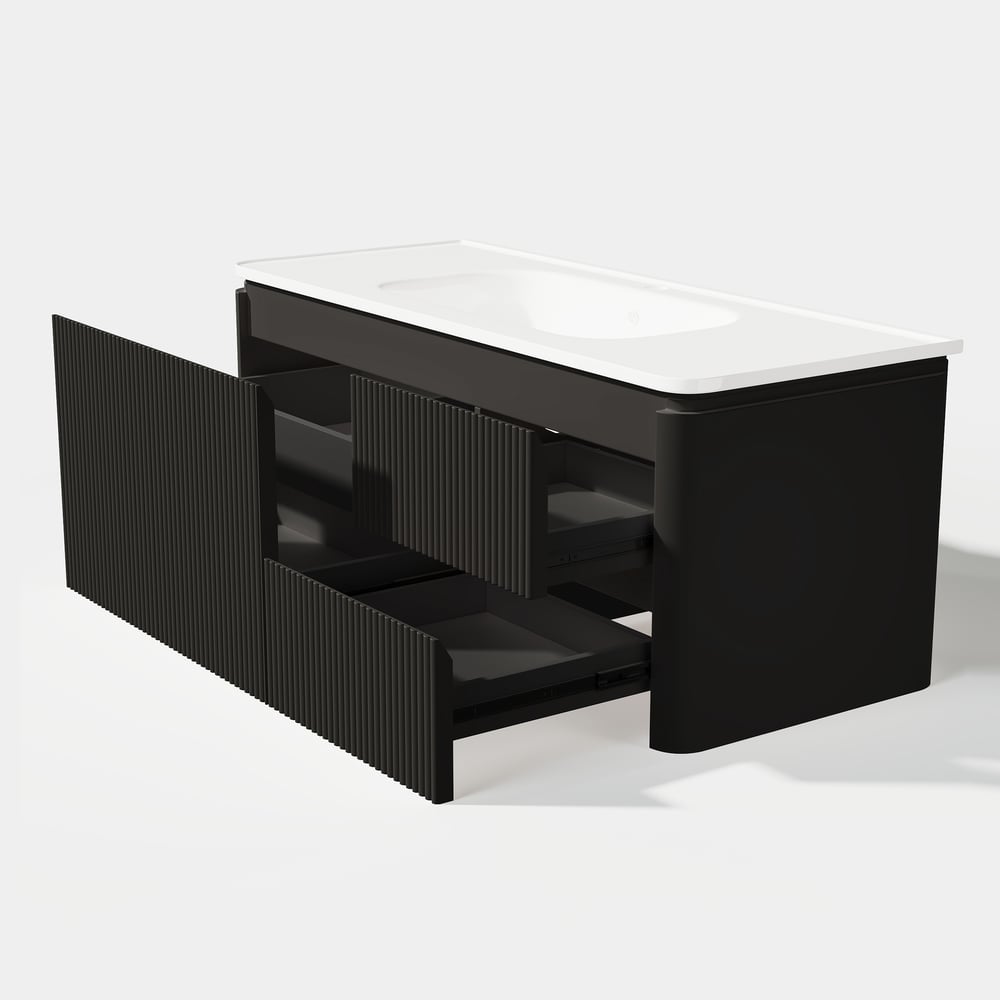 Mueble de baño flotante moderno de 120 cm con lavabo, LED suave, amplio almacenamiento Imagen de ventana