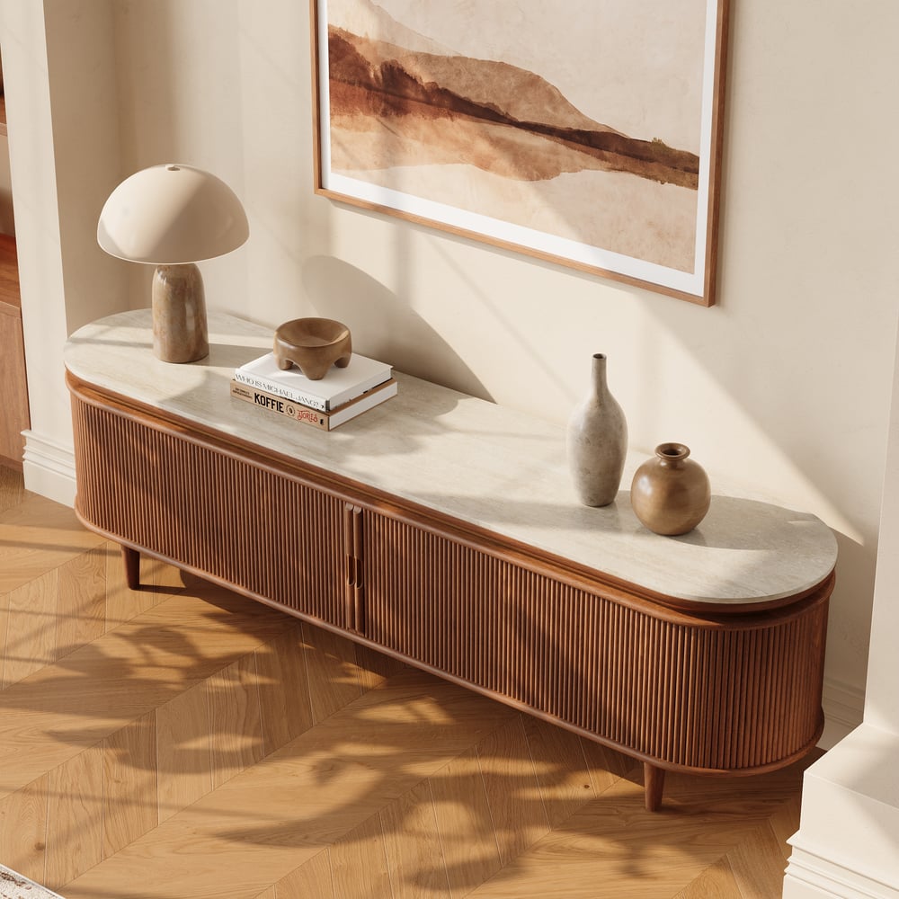 79" Ash Wood Walnut Fluted TV Stand with Sintered Stone Top window image
