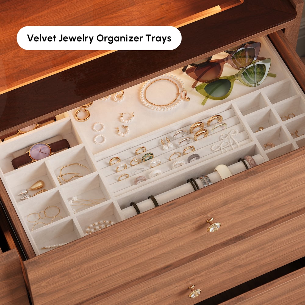 Modern 47" Tempered Glass Top 8-Drawer White Dresser with LED & Jewelry Trays window image