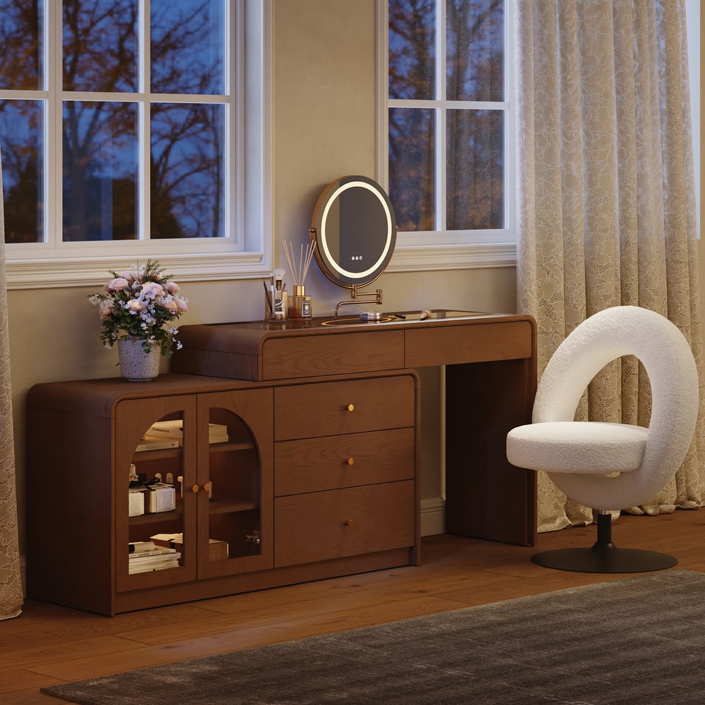 Mid Century Modern Extendable L-Shaped Makeup Vanity Dresser with LED Mirror(49"–91") window image
