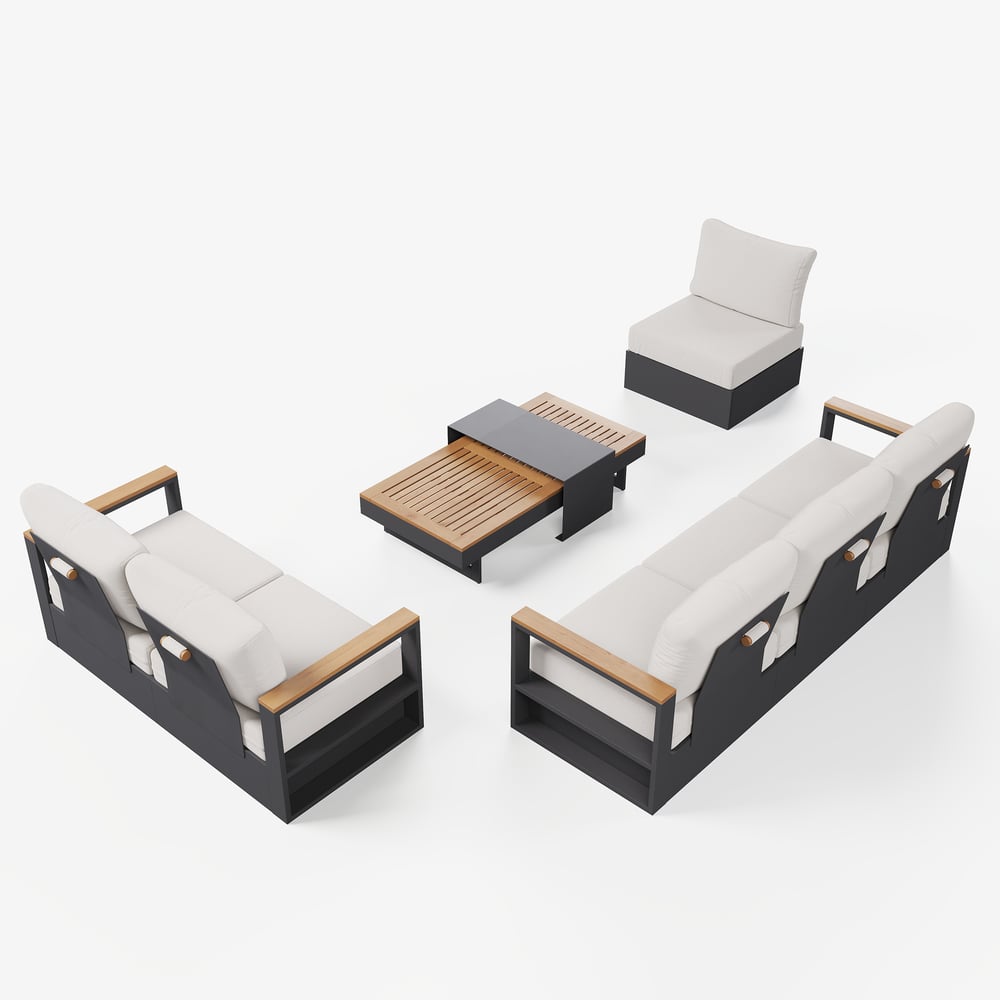 Tevara 6-Person Outdoor Sofa Set with Wood & Aluminum Frame, Dark Gray & Warm White window image
